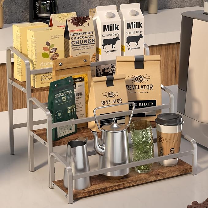 Coffee Syrup Rack,12 Bottle Capacity,3 Tier Coffee Bar Organizer,Kitchen Wine Rack,Coffee Station for Syrup, Wine Stand Shelf,Coffee Bar Accessories (Dark Brown Wood, Grey)