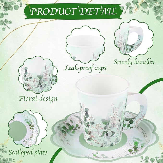 24 Sets Tea Party Cups 7 OZ Disposable Paper Tea Cups with Handle and Plates Teacups and Saucer Sets for Baby Bridal Shower Wedding Birthday(Sage Green)
