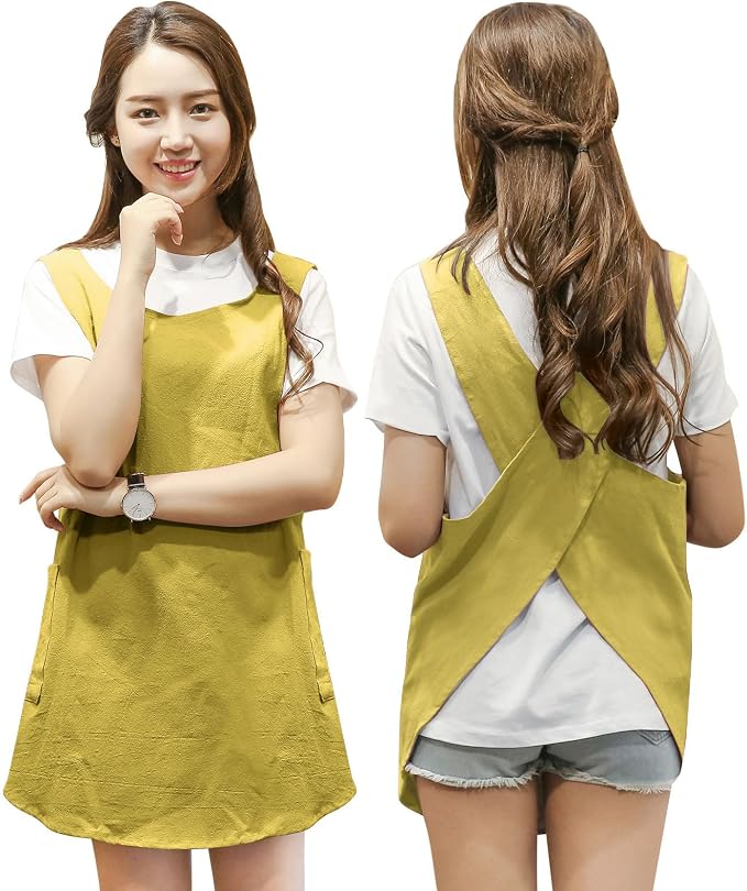 Shortened Design Apron, Japanese Style Soft Cotton Linen Apron with Two Side Pockets, X Cross Halter Aprons, Kitchen Cooking Clothes Gift for Women DIY Project, Crafting, Cooking, Baking(Yellow) by KKTOCHVC