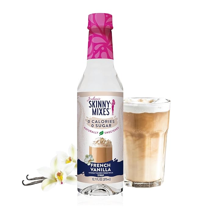 Jordan's Skinny Mixes Sugar Free Coffee Syrup, French Vanilla Coffee Flavoring Syrup, Naturally Sweetened Zero Calorie Drink Mix, Lattes, Baking or Protein Shake, Dairy & Gluten Free, 12.7 Fl Oz