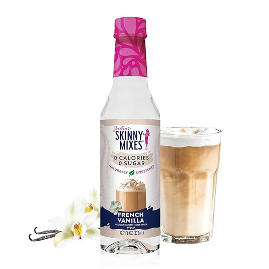 Jordan's Skinny Mixes Sugar Free Coffee Syrup, French Vanilla Coffee Flavoring Syrup, Naturally Sweetened Zero Calorie Drink Mix, Lattes, Baking or Protein Shake, Dairy & Gluten Free, 12.7 Fl Oz