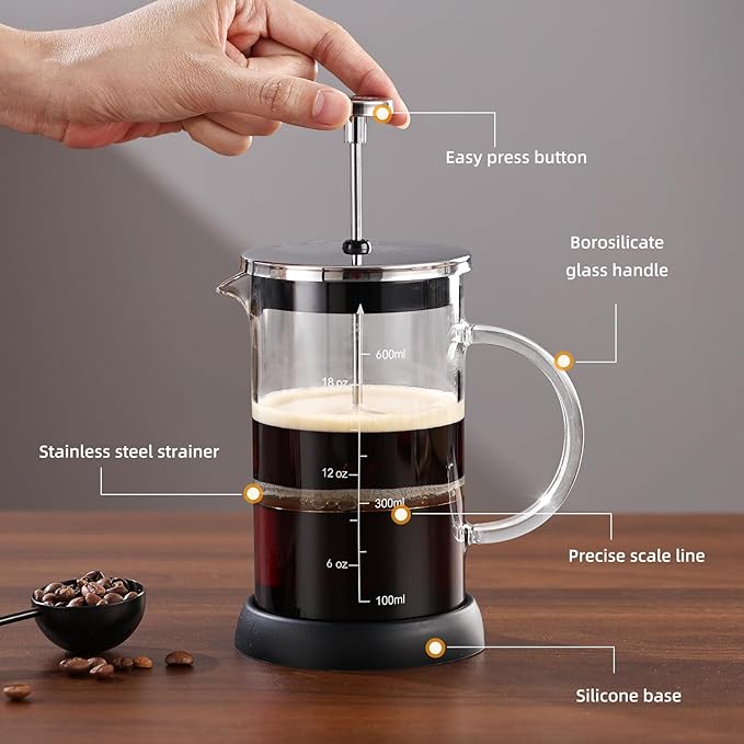 Bincoo French Press Coffee Maker 600ML - Single Layer Borolicate Glass Travel Coffee Press,Tea and Frothed Milk Press, Easy to Use