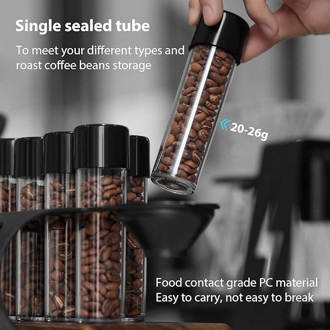 MHW-3BOMBER Single Dose Coffee Bean Storage Tubes, 8 pcs, Coffee Bean Cellars with One-Way Exhaust Valve,Espresso Dosing Vials with Walnut Stand & Hopper, C5152-OS