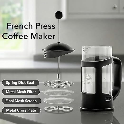 OVENTE French Press Coffee Maker 12 Ounce with Heat Resistant Borosilicate Glass & Stainless Steel 4-Level Filtration System, Portable Cold Brew Coffee Maker for Travel, Camping or Gift, Black FPT12B