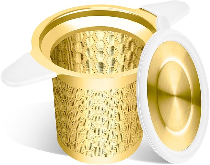 Tea Infuser for Loose Leaf Tea, Extra Fine 304 Stainless Steel Tea Strainer Stepper with Heat-Resistant Silicone Handles and Lid, Large Capacity Tea Basket Filter for Mug, Cup (Gold)