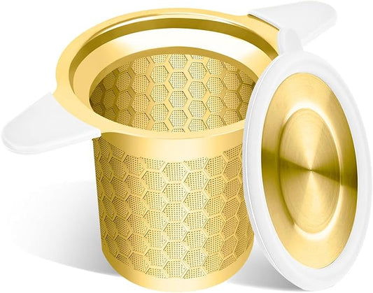Tea Infuser for Loose Leaf Tea, Extra Fine 304 Stainless Steel Tea Strainer Stepper with Heat-Resistant Silicone Handles and Lid, Large Capacity Tea Basket Filter for Mug, Cup (Gold)