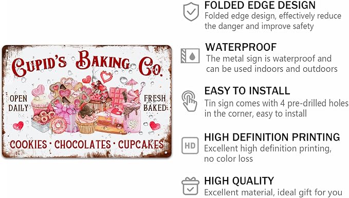 Cupid’S Baking Co Metal Tin Sign Cookies Chocolate Cupcake Valentine's Day Sign for Home Kitchen Restaurant Farmhouse Coffee Bar Wall Decor Decoration Art Sign Vintage Poster 8x12 Inch - Image 2