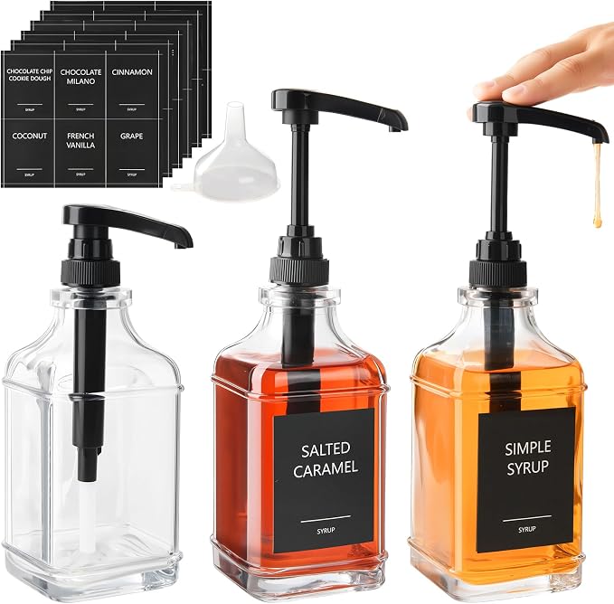 3 Pack 16.9oz (500ml) Glass Coffee Syrup Dispenser with Pump, Syrup Pump Dispenser for Coffee Bar, Coffee Syrup Bottles with Labels by BPFY