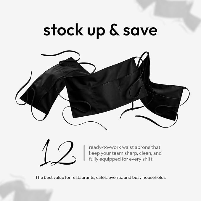 White Classic 12 Pack - Black Server Waist Aprons with 3 Pockets, Waitress Half Apron