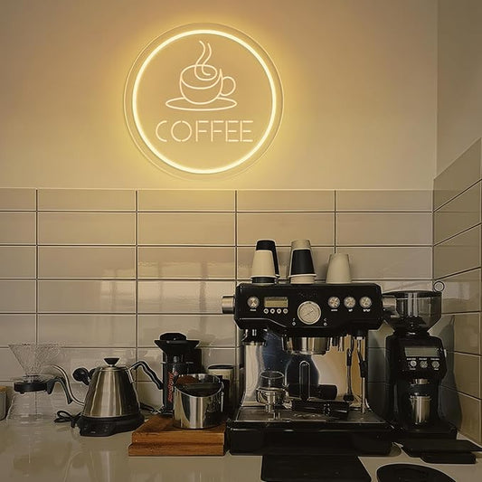 Dimmable Coffee Neon Sign - Vintage Cafe Wall Art, Warm White LED Light for Coffee Bar, Kitchen Decor, Events Backdrop, Perfect Barista Gift (USB Powered and Cup Shape Design)