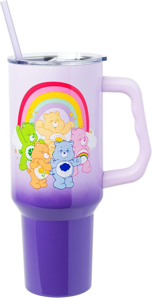 Silver Buffalo Care Bears Rainbow Featuring Funshine, Cheer, Grumpy, Friend, and Good Luck Bear Double Walled Stainless Steel Tumbler with Handle and Straw, Fits in Standard Cup Holder, 40 Ounces
