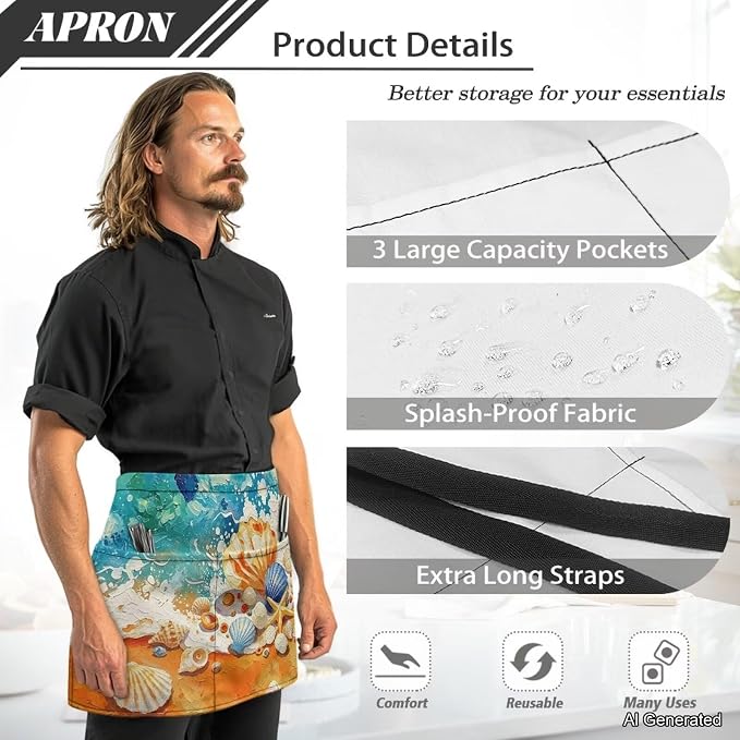 Server Apron with 3 Pockets 13 Inch Short Half Waist Aprons Waterproof Cooking Aprons for Women Men - Image 6