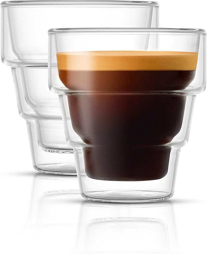 JoyJolt Pila Double Walled Espresso Glasses, Set of 2 Espresso Cups 3 Ounce Capacity. Stackable Thermal Clear Glass Cups, Ideal Fit for Espresso Machine and Coffee Maker