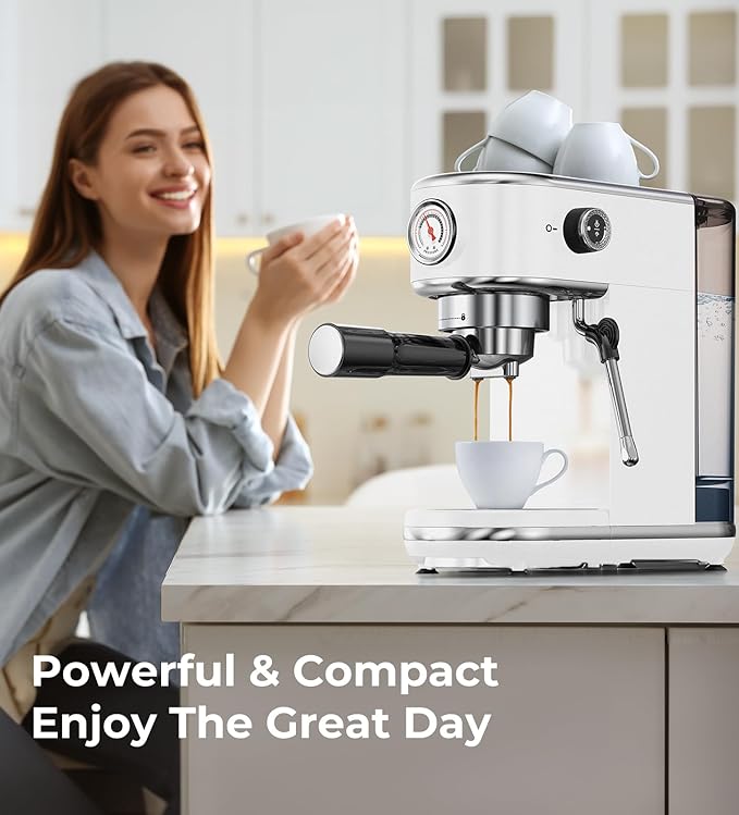 20 Bar Espresso Machine with Milk Frother, Professional Compact Espresso Maker, Stainless Steel Coffee Machine with Precise Temp Control & 44oz Removable Water Tank for Latte, Cappuccino, White