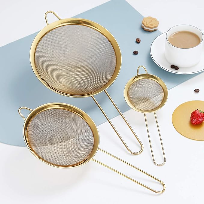Kyraton Gold Fine Mesh Strainer 3 Pieces Set, Golden Flour Sifter For Baking, Stainless Steel Clander, Matcha Tea Strainer, Gravy Separator, Stasher Sieve Pasta Strainers