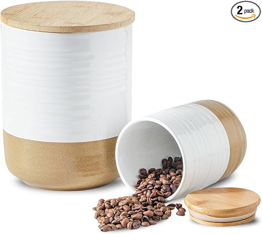 HASENSE Ceramic Kitchen Canisters with Bamboo Lids – 80oz & 24oz Storage Jars Set – 7.5" + 5.9" Airtight Pantry Containers for Tea, Coffee, Flour, Snacks – Modern Minimalist Design 2-Pack White