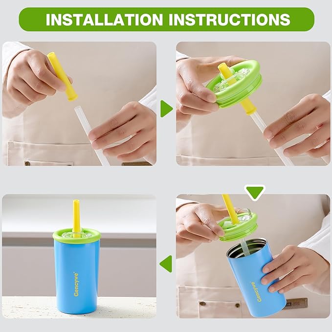 Kids Stainless Steel Cups with Straws and lids | 12 oz Spill-Proof Sippy Smoothie Tumbler Set, Small Kids Snack & Drink Water Cups, BPA-Free, Dishwasher Safe, with Box (Age: 3+ years old & up)