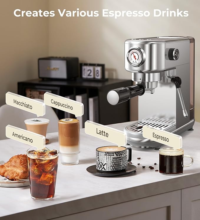 Espresso Machine with Milk Frother, 20 Bar Pressure Espresso Maker, with 44OZ Removable Tank, Compact Stainless Steel Coffee Machine for Home, Office, Latte, Cappuccino, Macchiato, Silver