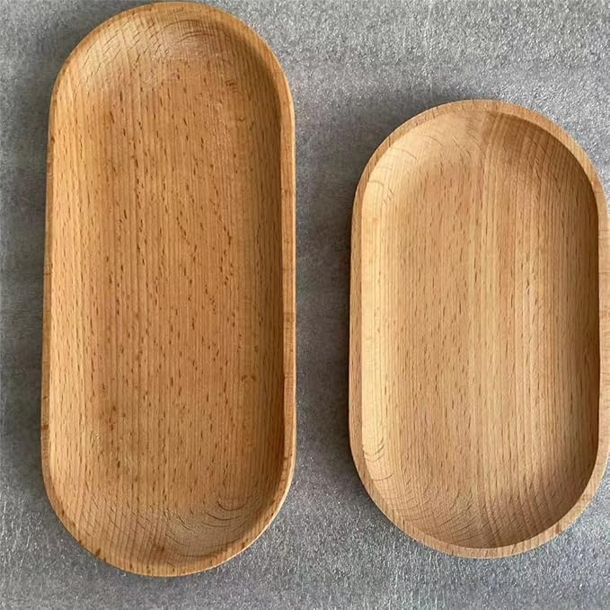 Mini Serving Tray for Jewellery Key Coin Set of 2, Oval Wood Natural Dessert Cup Tray, Small Wooden Cheese Plate, Tableware Decorative Tray