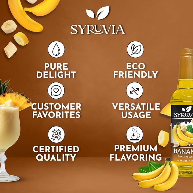 Syruvia Banana Coffee Syrup, Flavored Syrup for Drinks, Lattes, and Desserts – 25.4 fl oz,