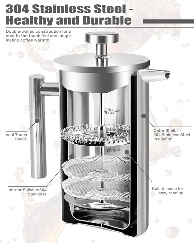 French Press Coffee Maker,304 Stainless Steel Coffee Press with scale lines and 2 Extra Filters for Kitchen & Camping (Silver, 34 OZ) 1 Litre