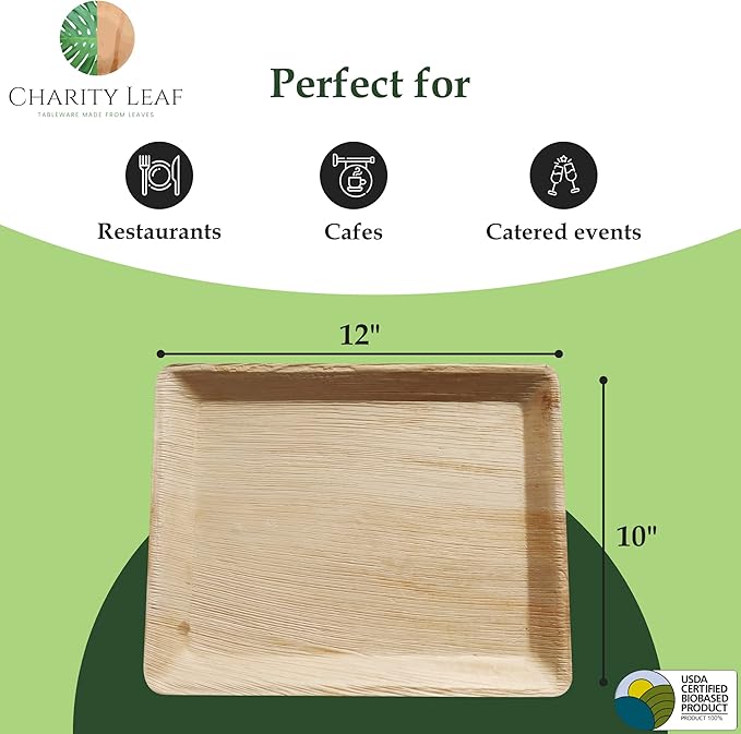 Charity Leaf Disposable Palm Leaf 12" x 10" Trays (100 pieces) Bamboo Like Serving Platters, Disposable Boards, Eco-Friendly Dinnerware For Weddings, Catering, Events
