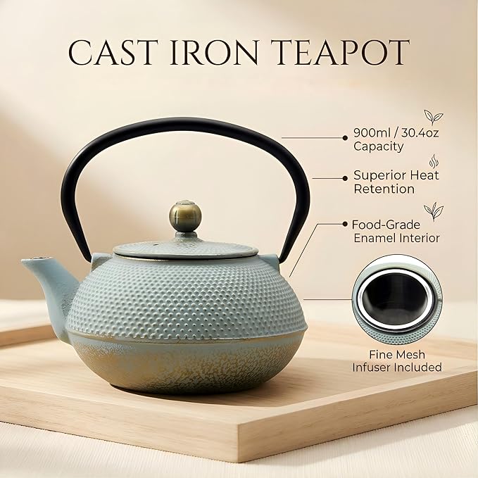 30.4oz Small Cast Iron Teapot, Tea Kettle for Stovetop Safe, Tea Pot with Stainless Steel Infuser for Loose Tea, Japanese Tetsubin Coated with Enameled Interior(900ml)