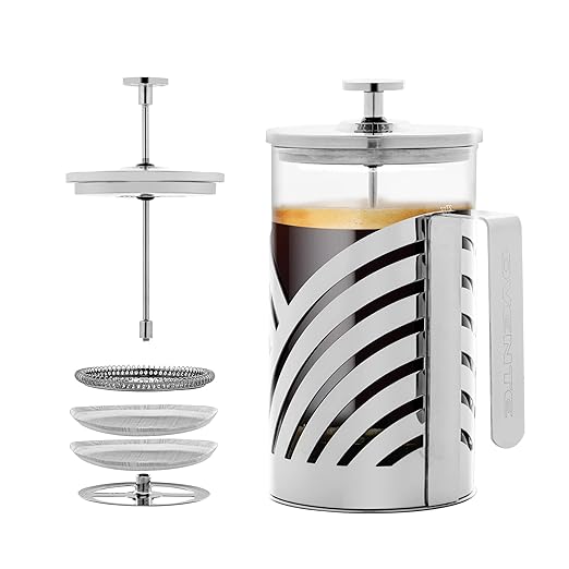 OVENTE French Press Coffee Maker 27 Ounce with Heat Resistant Borosilicate Glass, Stainless Steel Design and 4-Level Filter System, Portable Cold Brewer Pot for Travel, Camping or Gift, Silver FSD27P