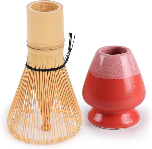 Matcha Tea Bamboo Whisk And Ceramic Rest 2 Piece Set - Coral Holder - 1 Set