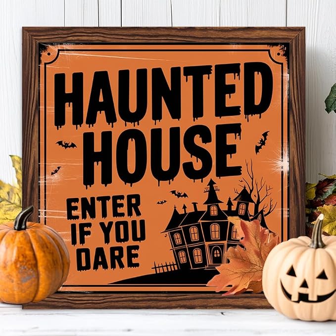 Vintage Halloween Haunted House Enter If You Dare Wooden Sign 7.87x7.87 Inch, Halloween Wall Art Wooden Sign For Porch, Bathroom, Cafe, Bar, Office Hanging Decor - Image 3