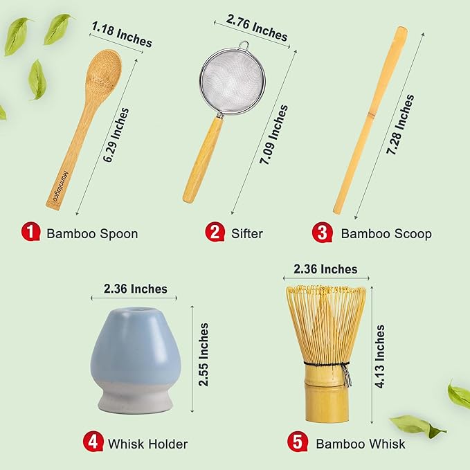 Matcha Whisk Set 5pcs – Bamboo Chasen with Holder, Chashaku Scoop, Spoon, Fine Mesh Sifter – Traditional Japanese Tea Tools for Tea Ceremony, Matcha Making Kit for Tea Lovers(Blue)