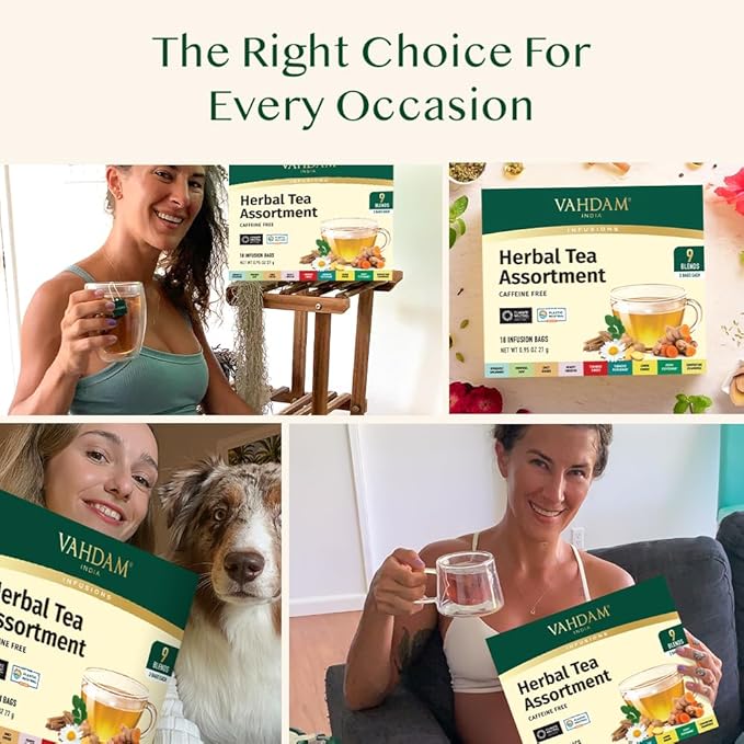 VAHDAM, Assorted Herbal Tea Sampler (18 Tea Bags, 9 Flavors) Caffeine-Free, Non-GMO | Double Infusion, Individually Enveloped Tea Bags | Herbal Tea Assortment