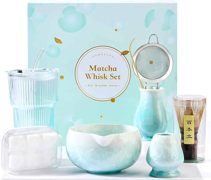 Matcha Whisk Set – Crystalline Glaze Bowl, Bamboo Whisk & Holder, Scoop & Sifter with Holder, Cup with Lid & Straw, Ice Cube Tray & Tea Towel – Blue Matcha Gift Set for Women, Women Gifts