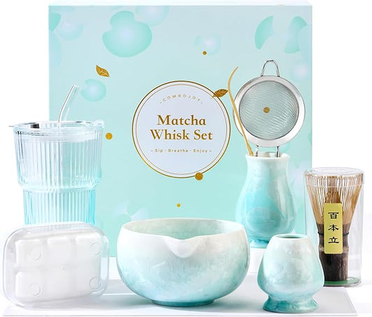 Matcha Whisk Set – Crystalline Glaze Bowl, Bamboo Whisk & Holder, Scoop & Sifter with Holder, Cup with Lid & Straw, Ice Cube Tray & Tea Towel – Blue Matcha Gift Set for Women, Women Gifts