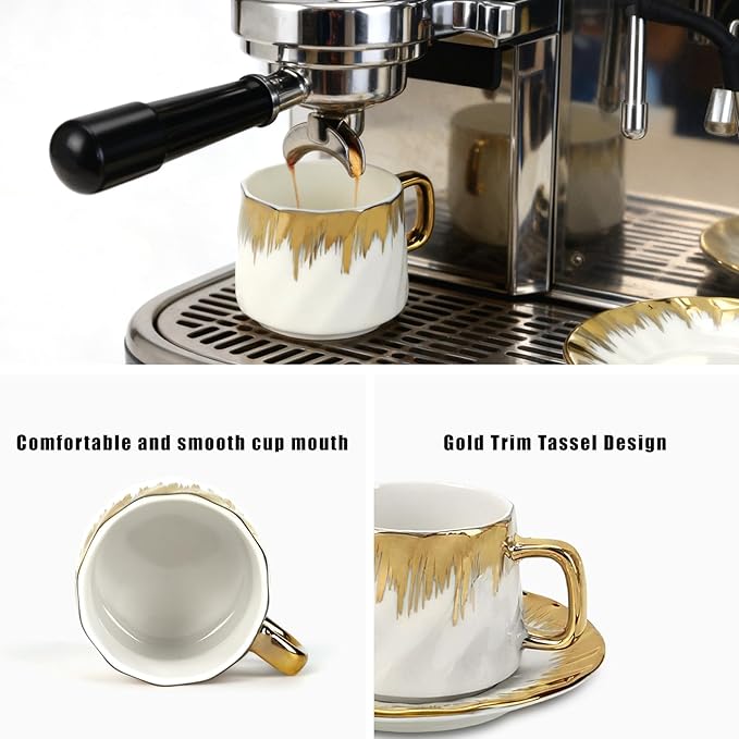Coffee Cup Set of 6 with Saucers, 3.5 OZ Ceramic Espresso Cups Set, Gold Trim Turkish Coffee Cup Gift for Cappuccino, Latte, Cafe Mocha and Tea, Dishwasher & Microwave Safe(Gold Rim)