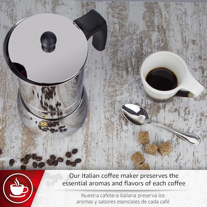 Magefesa Genova Stovetop Espresso Maker, 4 Cups/6.5 oz, 18/10 Stainless Steel Moka Pot, Italian Greca Coffee Maker, Suitable for Induction