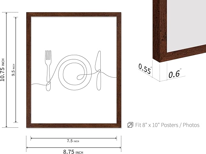 Poster Master Vintage Minimalist Poster - Retro Illustration Print - Fork, Plate, Knife, Line Drawing, Simple - Gift for Artist, Friend - Wall Decor for Kitchen, Restaurant, 8x10 Brown Framed