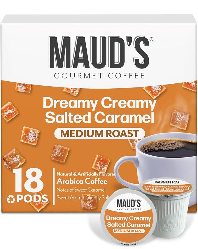 Maud's Salted Caramel Flavored Coffee Pods, 18 ct, Medium Roast Flavored Coffee in Single Serve Pods – 100% Arabica Beans, Compatible with Keurig K Cups Maker by MAUDSCOFFEETEA