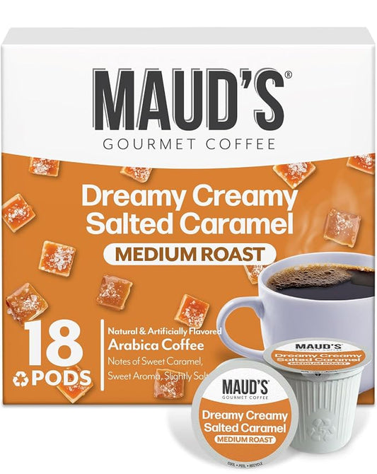 Maud's Salted Caramel Flavored Coffee Pods, 18 ct, Medium Roast Flavored Coffee in Single Serve Pods – 100% Arabica Beans, Compatible with Keurig K Cups Maker by MAUDSCOFFEETEA
