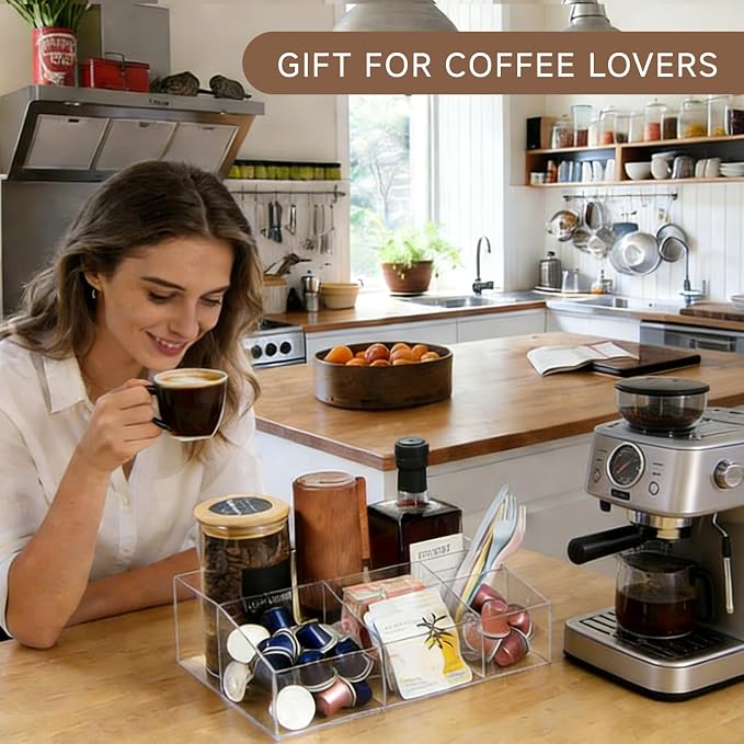 Acrylic Coffee Bar Station Organizer for Countertop Office Breakroom, Clear Tea Snack Storage Coffee Capsule Pod Holder for Kcup Condiment Sugar Creamer Syrup, Easter Gift for Coffee Lovers - Image 6