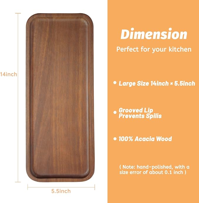 Acacia Wood Serving Platters and Trays - 14" x 5.5" Wooden Mini Charcuterie Boards, Small Cheese Board, Rectangle Wooden Tray for Kitchen Counter, Bathroom, Home Decor, Party (3, 14"X5.5")