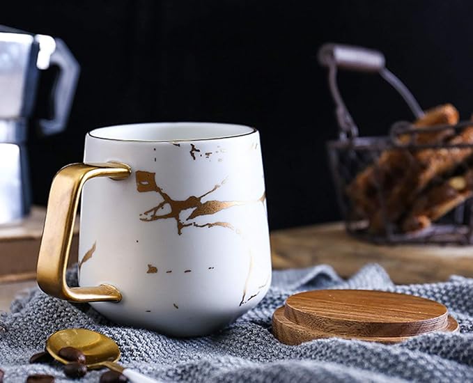 YBK Tech Porcelain Tea Cup Coffee Mug Set for Afternoon Tea - Marble Pattern (White, Tall 400ml + wood lid)