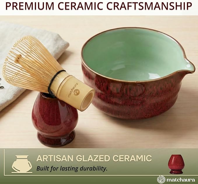 Premium Matcha Whisk Set – 5 Piece Japanese Tea Ceremony Kit | Spouted Ceramic Bowl, Bamboo Whisk, Holder, Scoop, Sifter – Essentials for Smooth Matcha Preparation - Magnetic Gift Box