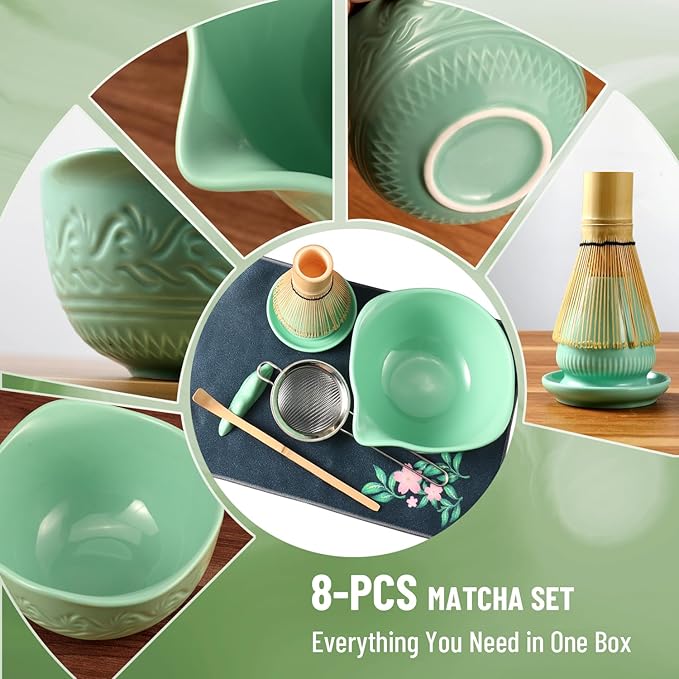 510mL Matcha Whisk Set: 8 Pcs Complete Ceramic Matcha Kit with Bamboo Chasen & Bowl - Frothy Tea Ceremony, Romantic Morning Ritual - Valentine's Gift for Beginners & Experts