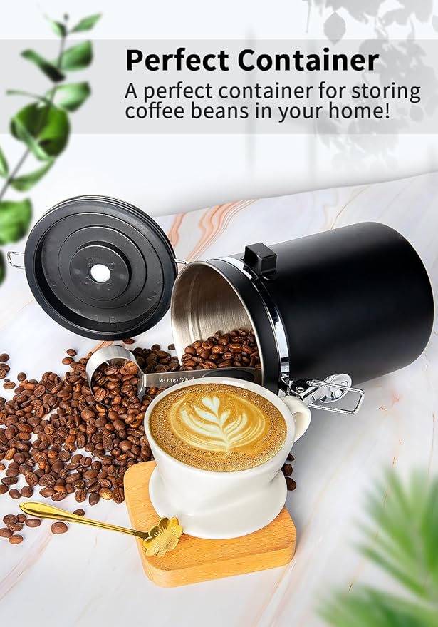 INFTYLE Coffee Canister with Airtight Lid, 22oz, 60 fl oz White, Stainless Steel Air Tight Lid Container with Date Tracker and Scoop Food Storage Jar for Grounds Coffee, Beans, Flour, Cereal (Black)
