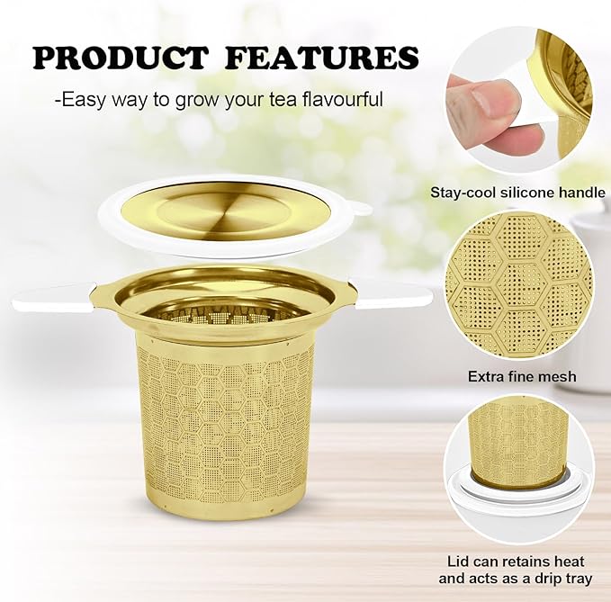 Tea Infuser for Loose Leaf Tea, Extra Fine 304 Stainless Steel Tea Strainer Stepper with Heat-Resistant Silicone Handles and Lid, Large Capacity Tea Basket Filter for Mug, Cup (Gold)