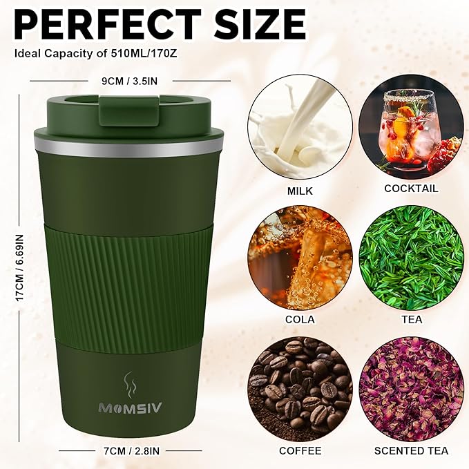 MOMSIV 17oz Travel Mug, Insulated Coffee Cup with Leakproof Lid, Vacuum Stainless Steel Double Walled Reusable Tumbler for Hot and Cold Water Coffee and Tea In Travel and Car