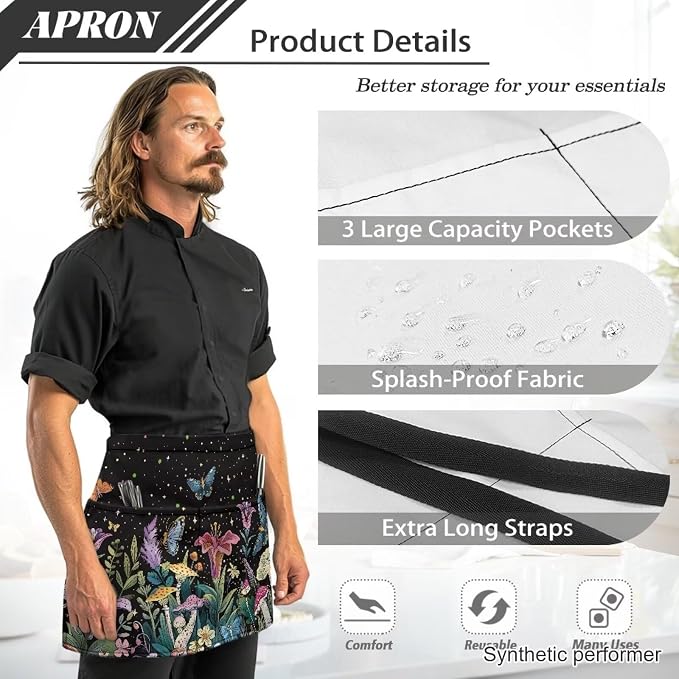 Waist Apron with 3 Pockets Waterproof 13 Inch Short Half Waist Aprons Women Men Server Aprons Waitress Waiter Apron - Image 6