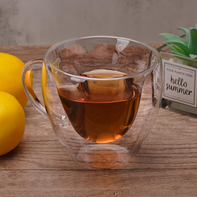 Heart Shaped Double Walled Insulated Glass Coffee Mugs or Aesthetic Tea Cups, Double Wall Glass 8 oz, Clear (2)