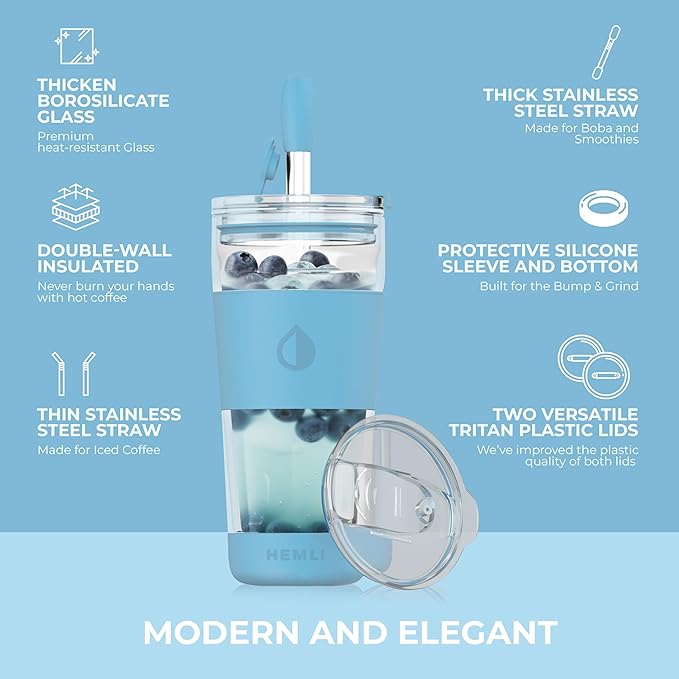 19 oz. Double Wall Glass Coffee Tumbler, To Go Travel Mug with Lid, Portable Glass Thermos with Straw, Reusable Cup, Tea, Smoothies, Ice Coffee, and Boba